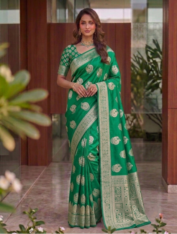 Emerald Green Dola Silk Saree with Circular Peacock Zari Motifs & Woven Border