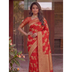 Bright Crimson Red Dola Silk Saree with Circular Peacock Zari Motifs & Traditional Woven Border