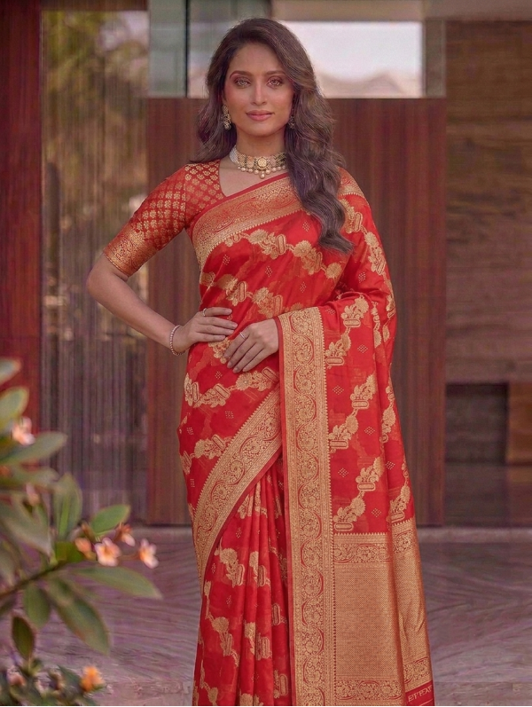 Bright Crimson Red Dola Silk Saree with Circular Peacock Zari Motifs & Traditional Woven Border
