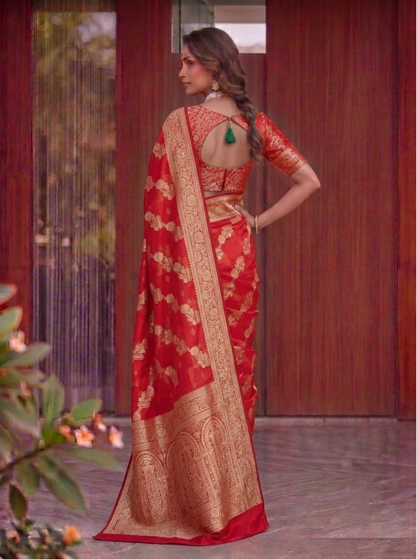 Bright Crimson Red Dola Silk Saree with Circular Peacock Zari Motifs & Traditional Woven Border
