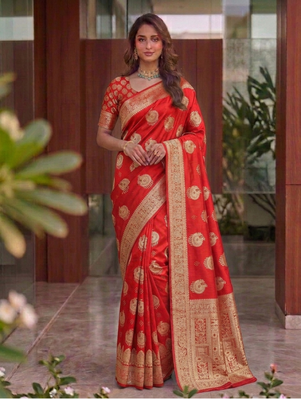 Bright Crimson Red Dola Silk Saree with Circular Peacock Zari Motifs & Traditional Woven Border