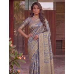 Grey Dola Silk Saree with All-Over Gold Zari Floral Jaal & Traditional Woven Border