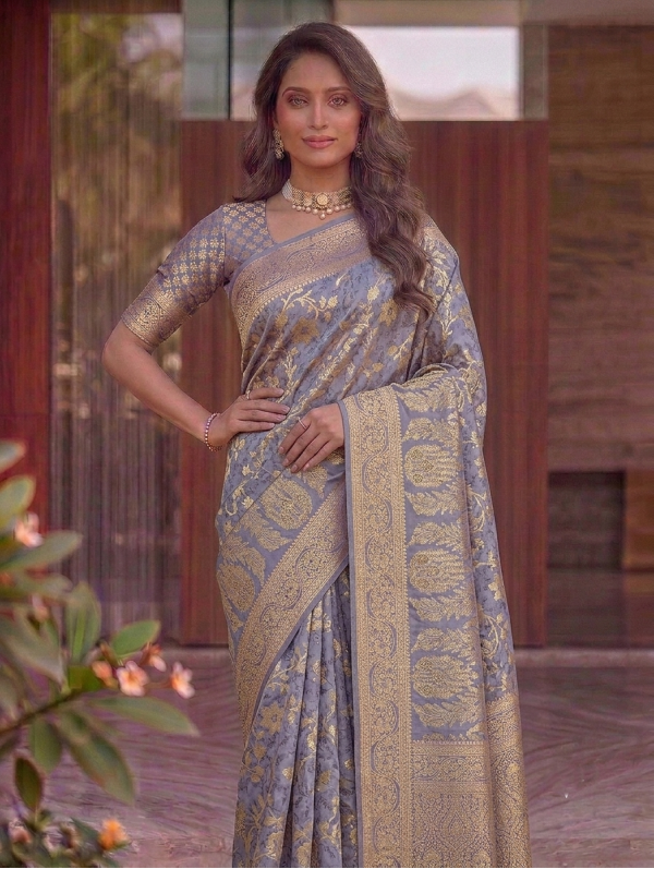 Grey Dola Silk Saree with All-Over Gold Zari Floral Jaal & Traditional Woven Border