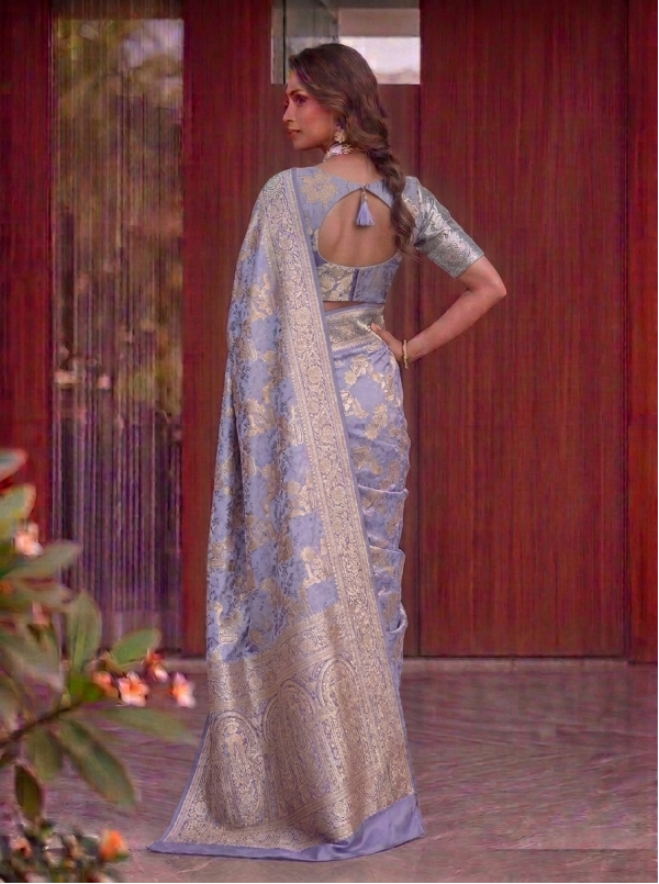 Grey Dola Silk Saree with All-Over Gold Zari Floral Jaal & Traditional Woven Border