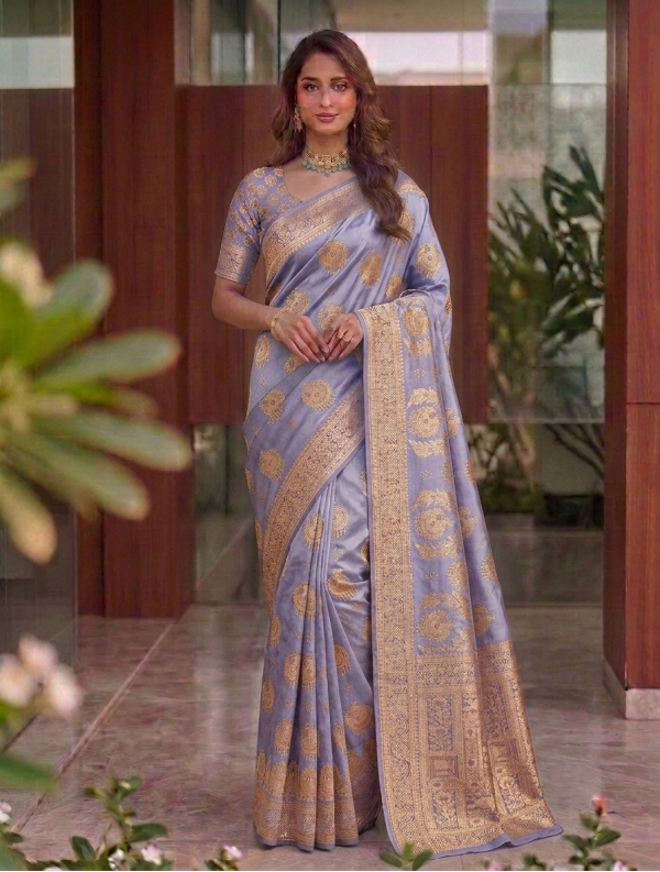 Grey Dola Silk Saree with All-Over Gold Zari Floral Jaal & Traditional Woven Border