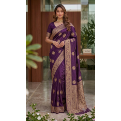 Deep Purple Dola Silk Saree with Circular Peacock Zari Motifs & Traditional Woven Border
