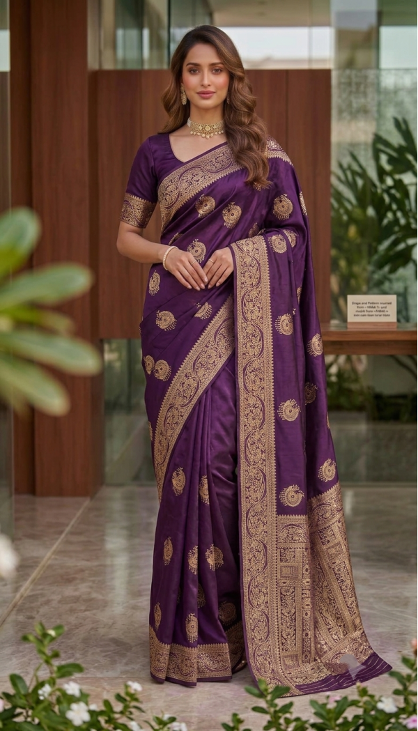 Deep Purple Dola Silk Saree with Circular Peacock Zari Motifs & Traditional Woven Border