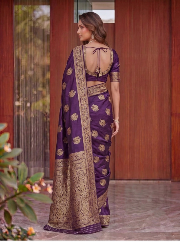 Deep Purple Dola Silk Saree with Circular Peacock Zari Motifs & Traditional Woven Border