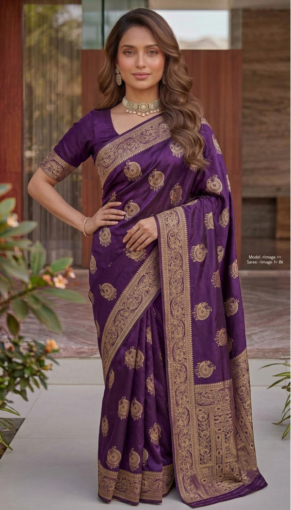 Deep Purple Dola Silk Saree with Circular Peacock Zari Motifs & Traditional Woven Border