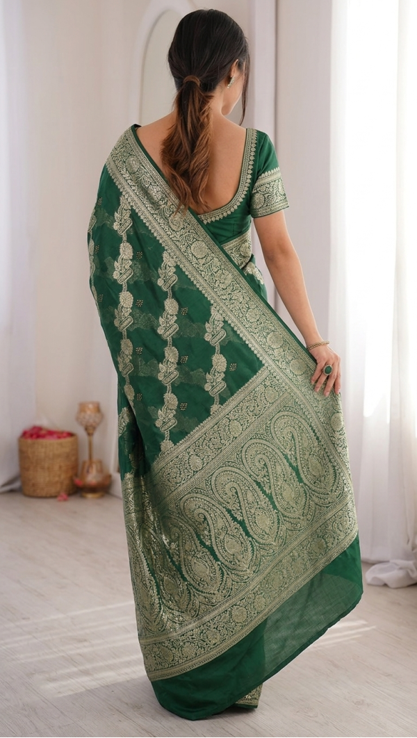 Emerald Green Dola Silk Saree with Silver Zari Woven Floral Jaal & Peacock Arch Pallu