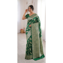 Emerald Green Dola Silk Saree with Silver Zari Woven Floral Jaal & Peacock Arch Pallu