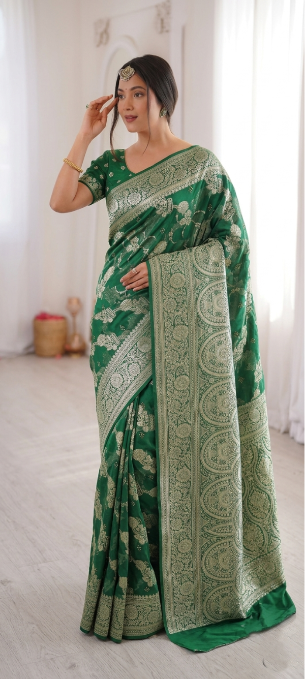 Emerald Green Dola Silk Saree with Silver Zari Woven Floral Jaal & Peacock Arch Pallu