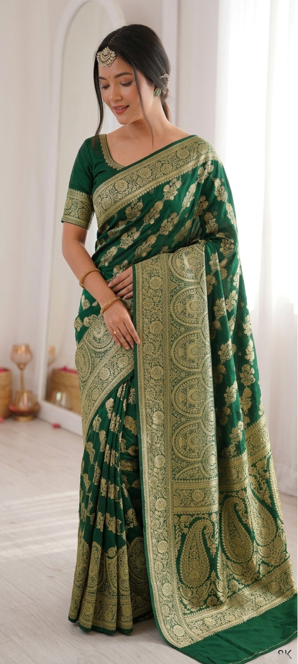 Emerald Green Dola Silk Saree with Silver Zari Woven Floral Jaal & Peacock Arch Pallu