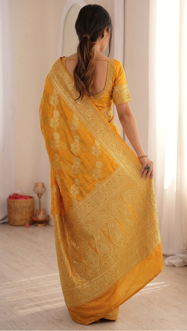 Bright Mustard Yellow Dola Silk Saree with Gold Zari Woven Floral Jaal & Peacock Arch Pallu