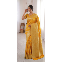Bright Mustard Yellow Dola Silk Saree with Gold Zari Woven Floral Jaal & Peacock Arch Pallu