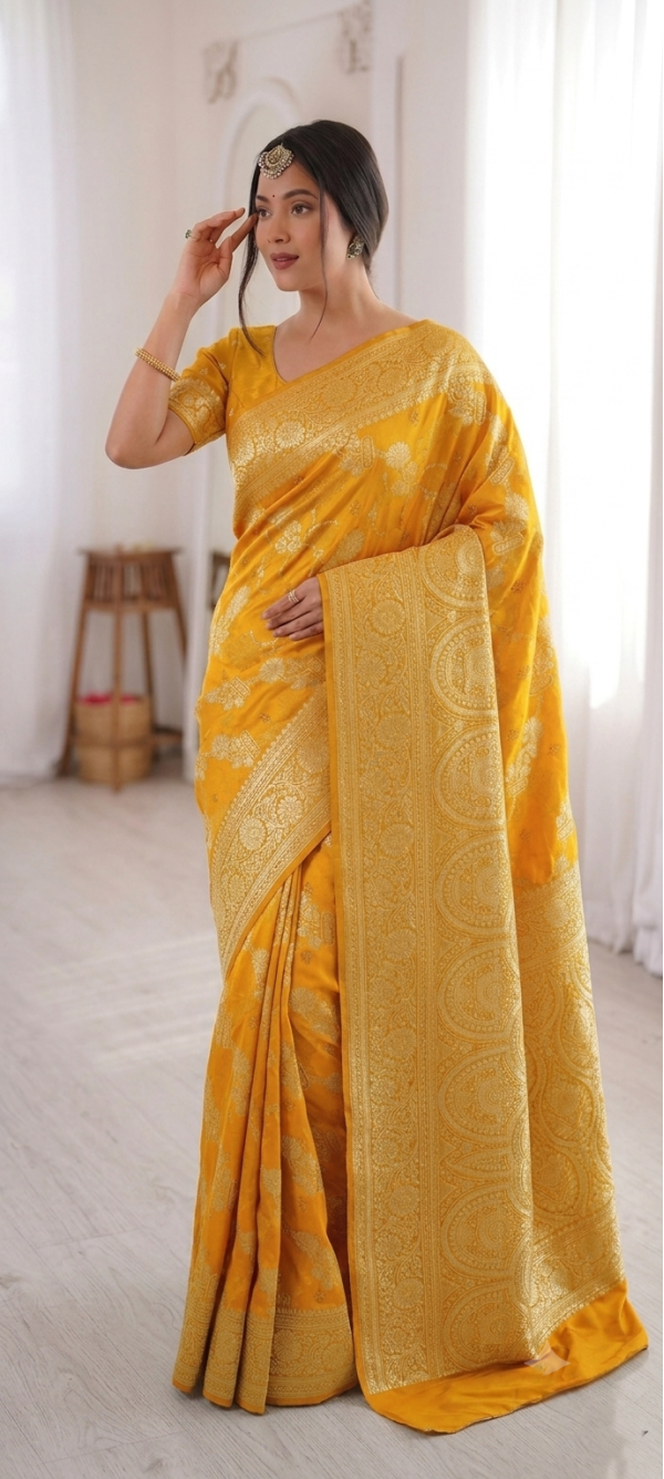 Bright Mustard Yellow Dola Silk Saree with Gold Zari Woven Floral Jaal & Peacock Arch Pallu