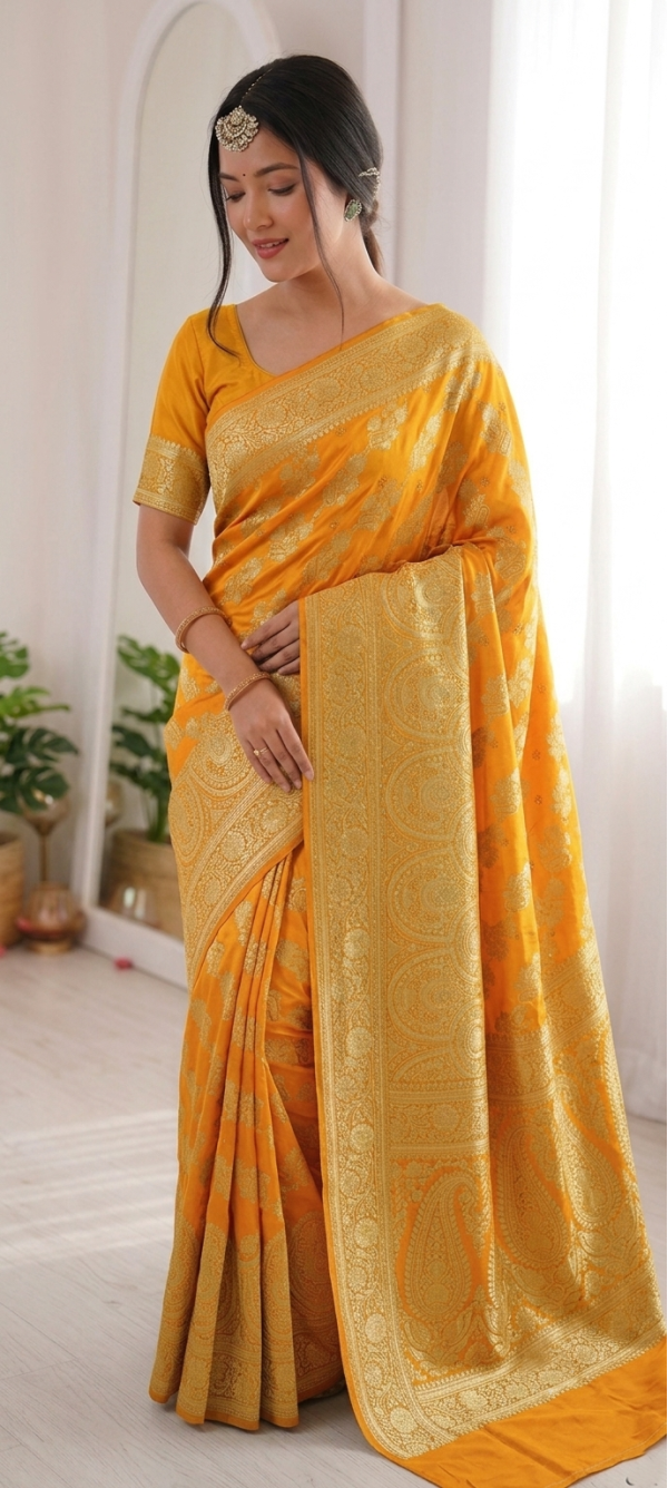 Bright Mustard Yellow Dola Silk Saree with Gold Zari Woven Floral Jaal & Peacock Arch Pallu