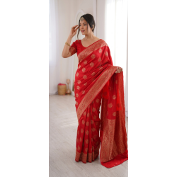 Bright Crimson Red Dola Silk Saree with Circular Peacock Zari Motifs & Traditional Border