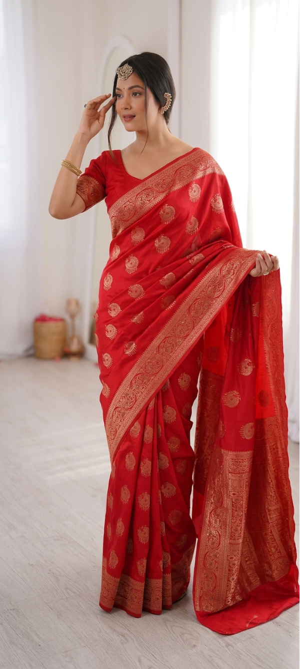 Bright Crimson Red Dola Silk Saree with Circular Peacock Zari Motifs & Traditional Border