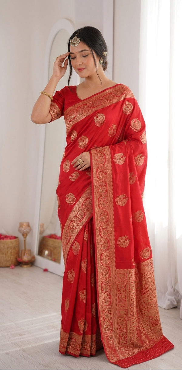 Bright Crimson Red Dola Silk Saree with Circular Peacock Zari Motifs & Traditional Border