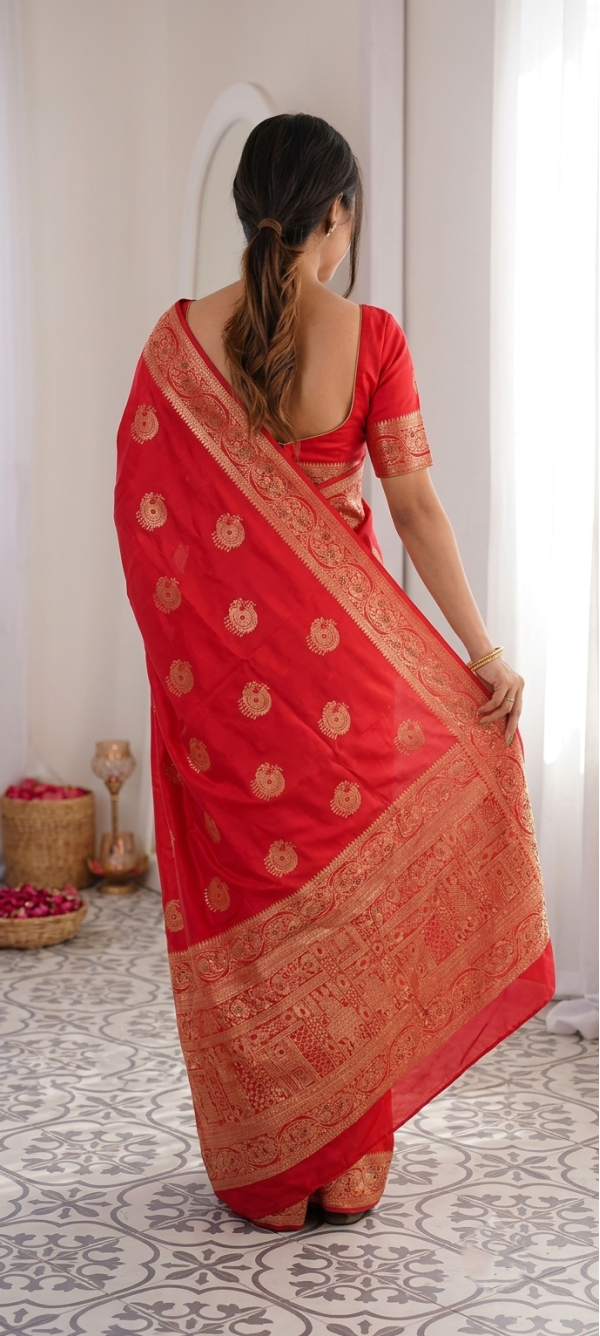Bright Crimson Red Dola Silk Saree with Circular Peacock Zari Motifs & Traditional Border