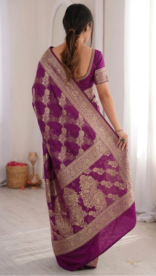 Deep Magenta Purple Dola Silk Saree with Woven Gold Zari Floral Vines & Peacock Medallion Pallu