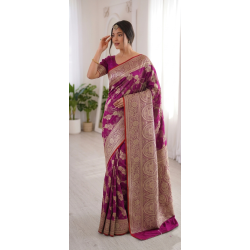 Deep Magenta Purple Dola Silk Saree with Woven Gold Zari Floral Vines & Peacock Medallion Pallu