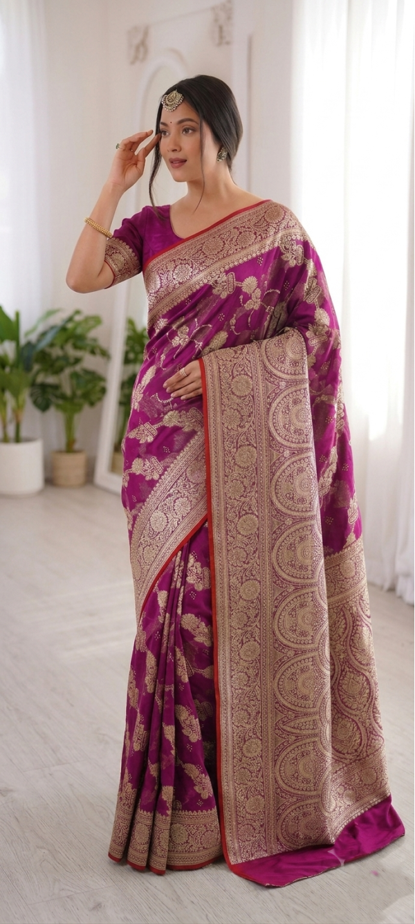 Deep Magenta Purple Dola Silk Saree with Woven Gold Zari Floral Vines & Peacock Medallion Pallu