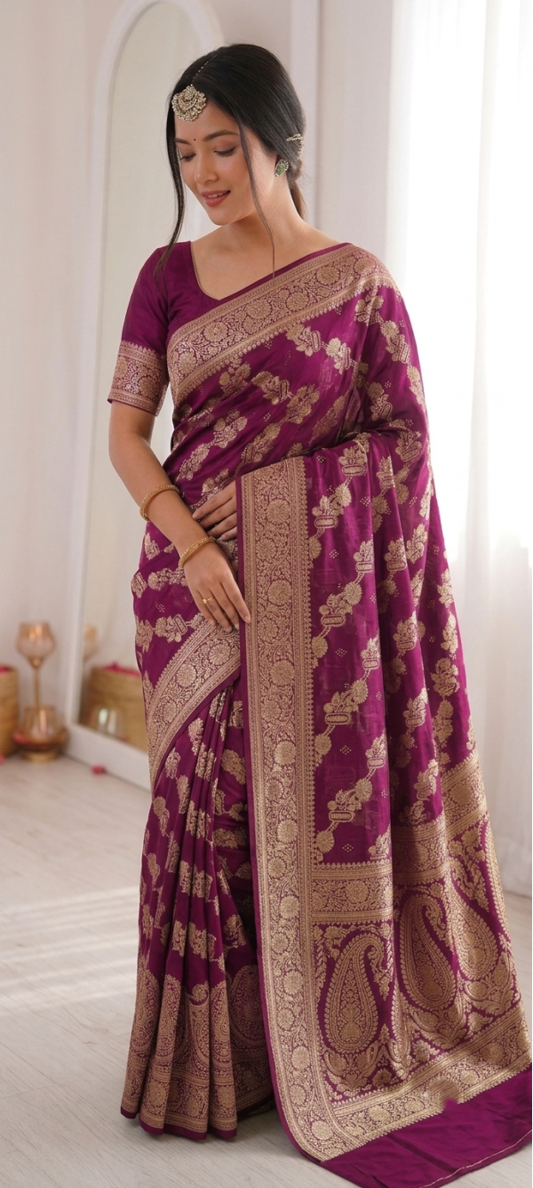 Deep Magenta Purple Dola Silk Saree with Woven Gold Zari Floral Vines & Peacock Medallion Pallu