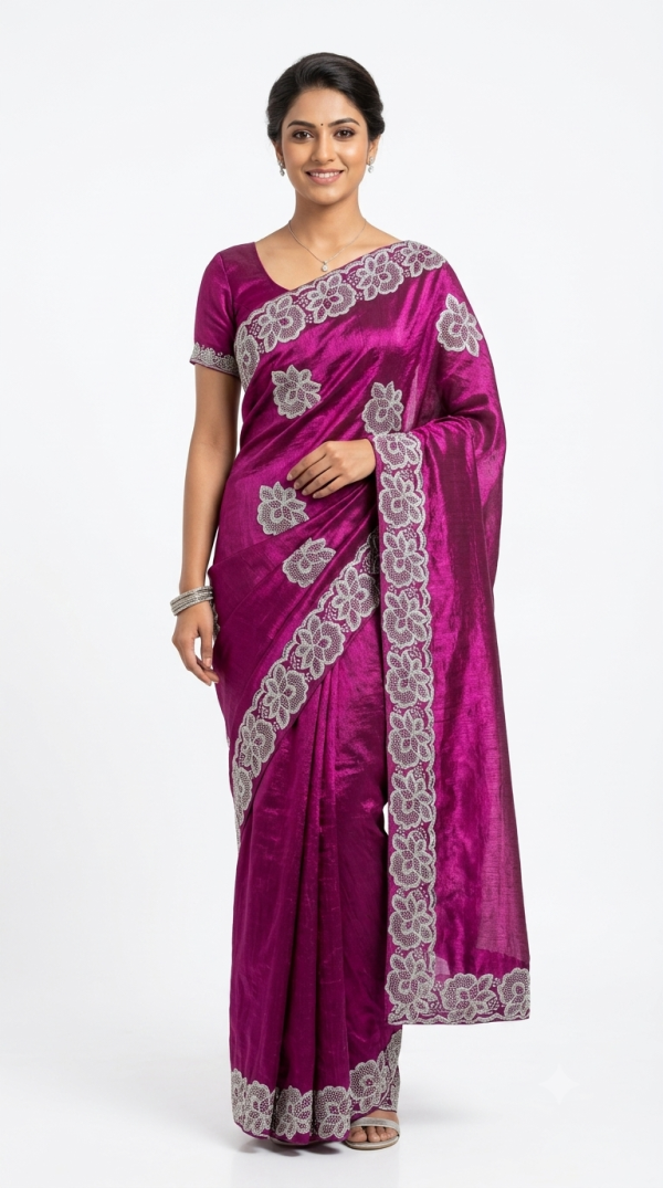 Magenta Shimmer Designer Saree with Silver Cutwork & Stone Detailing