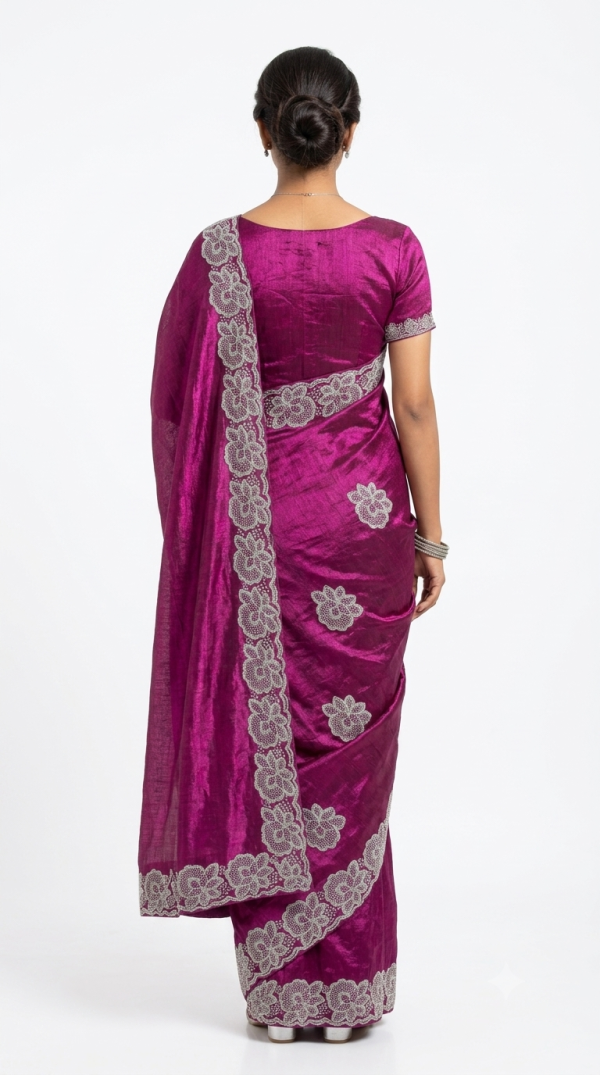 Magenta Shimmer Designer Saree with Silver Cutwork & Stone Detailing