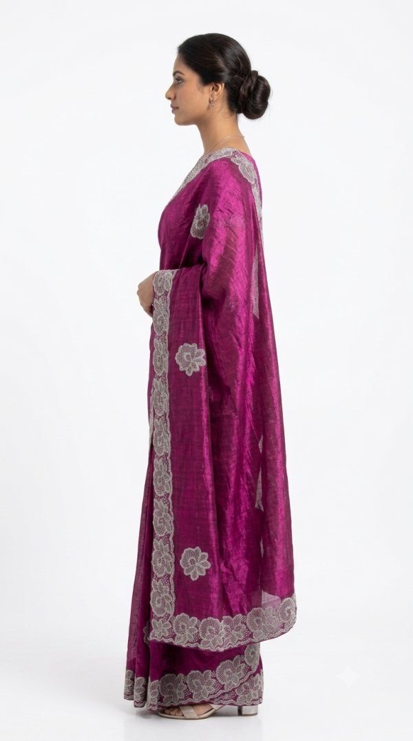 Magenta Shimmer Designer Saree with Silver Cutwork & Stone Detailing