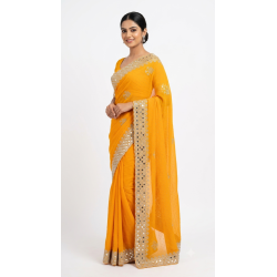 Bright Yellow Designer Saree with Silver Cutwork & Stone Detailing