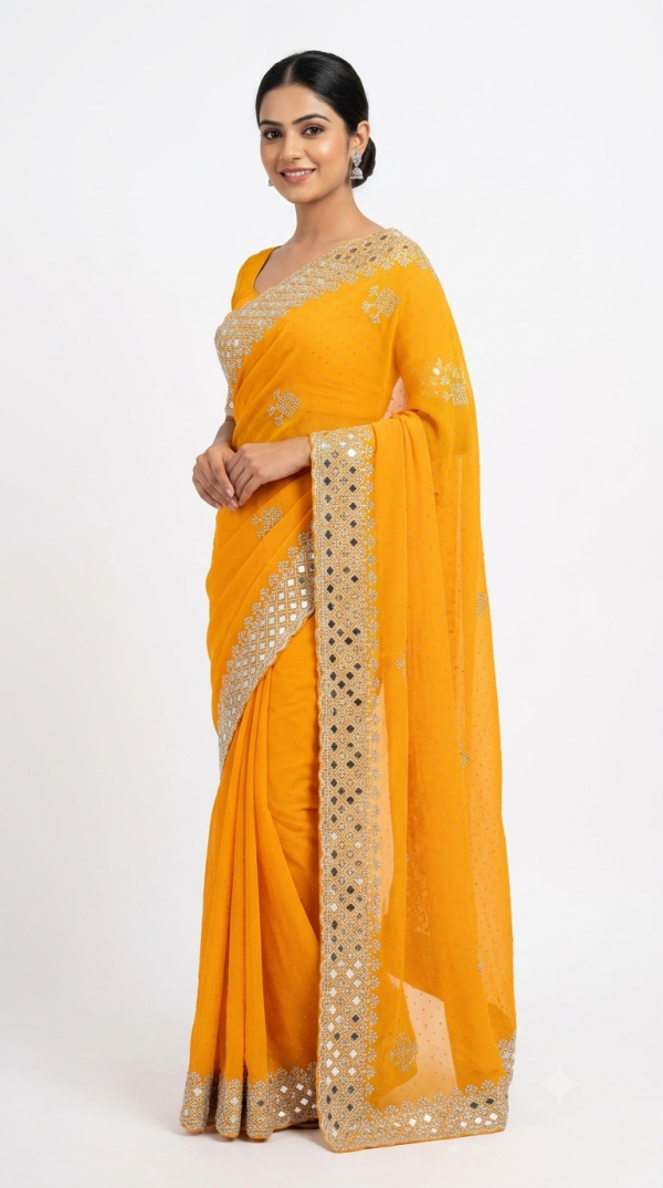 Bright Yellow Designer Saree with Silver Cutwork & Stone Detailing