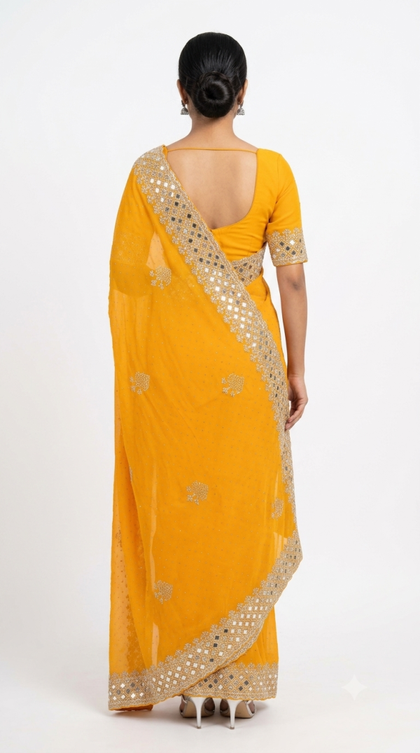 Bright Yellow Designer Saree with Silver Cutwork & Stone Detailing
