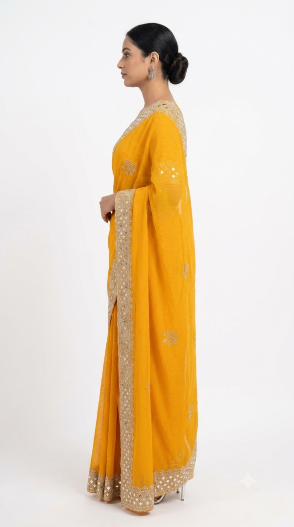 Bright Yellow Designer Saree with Silver Cutwork & Stone Detailing
