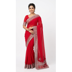 Crimson Red Designer Saree with Silver Cutwork & Stone Detailing