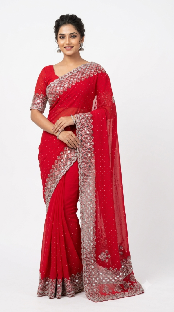 Crimson Red Designer Saree with Silver Cutwork & Stone Detailing