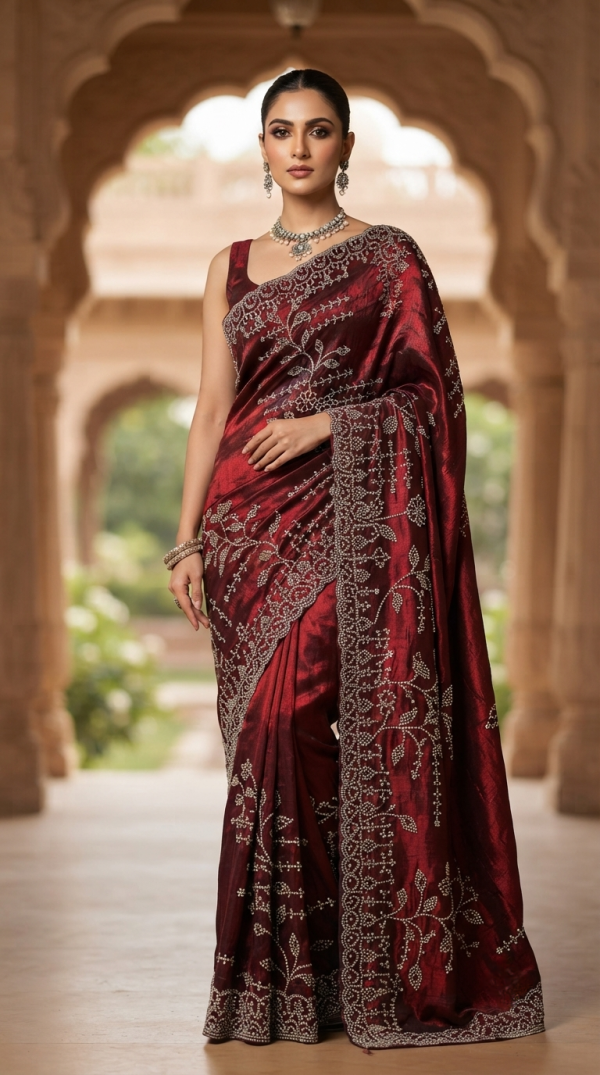 Shri Ram Vastralay Special Stone-Work Maroon Party Wear Saree