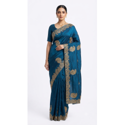 BElegant Teal Blue Embroidered Designer Saree with Silver Cutwork & Stone Detailing