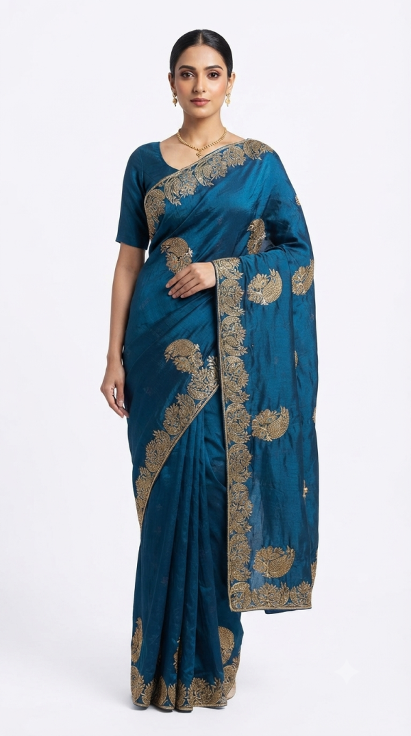 BElegant Teal Blue Embroidered Designer Saree with Silver Cutwork & Stone Detailing