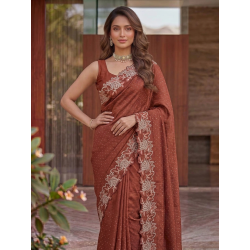 Rust Brown Georgette / Soft Fabric Saree with Cutwork Embroidered Border & Sequins Work