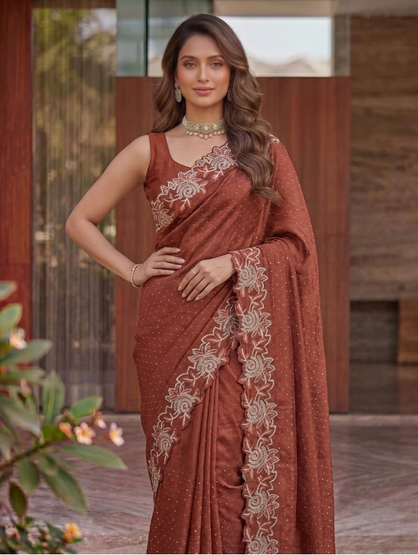 Rust Brown Georgette / Soft Fabric Saree with Cutwork Embroidered Border & Sequins Work