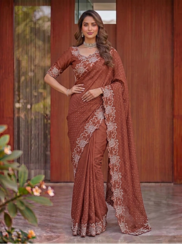 Rust Brown Georgette / Soft Fabric Saree with Cutwork Embroidered Border & Sequins Work