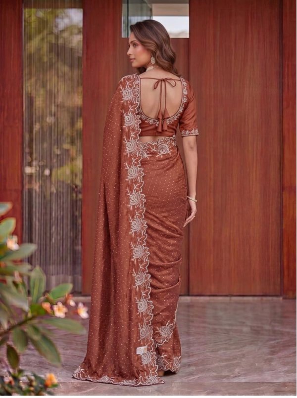 Rust Brown Georgette / Soft Fabric Saree with Cutwork Embroidered Border & Sequins Work