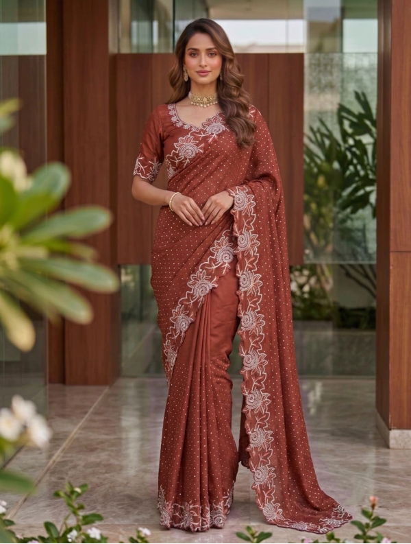 Rust Brown Georgette / Soft Fabric Saree with Cutwork Embroidered Border & Sequins Work