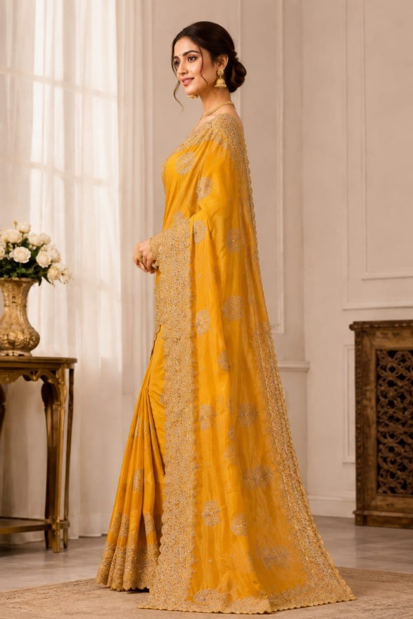 Radiant Mustard Yellow Heavy Cutwork Embroidery Party Wear Saree