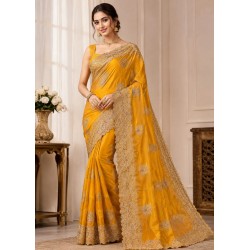 Radiant Mustard Yellow Heavy Cutwork Embroidery Party Wear Saree