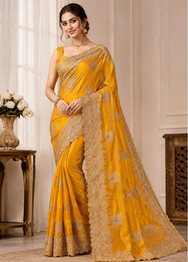 Radiant Mustard Yellow Heavy Cutwork Embroidery Party Wear Saree